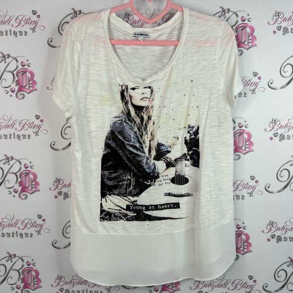 Express tshirt 2 tone mesh bottom hem bling White Graphic Short Sleeve Tee - Picture 1 of 9